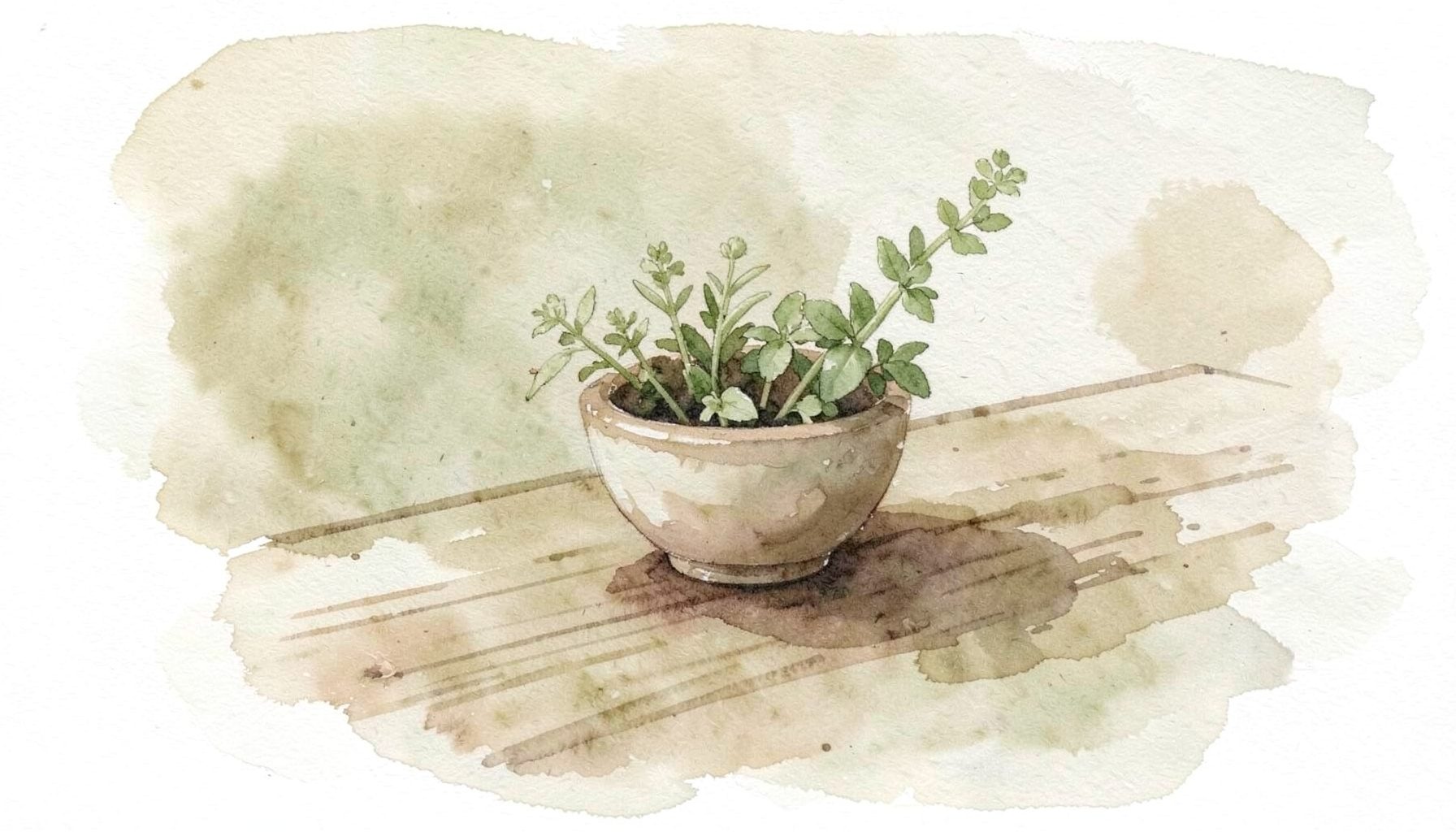 Gentle watercolor of a wooden table with a small bowl of herbs, in soft olive and clay tones