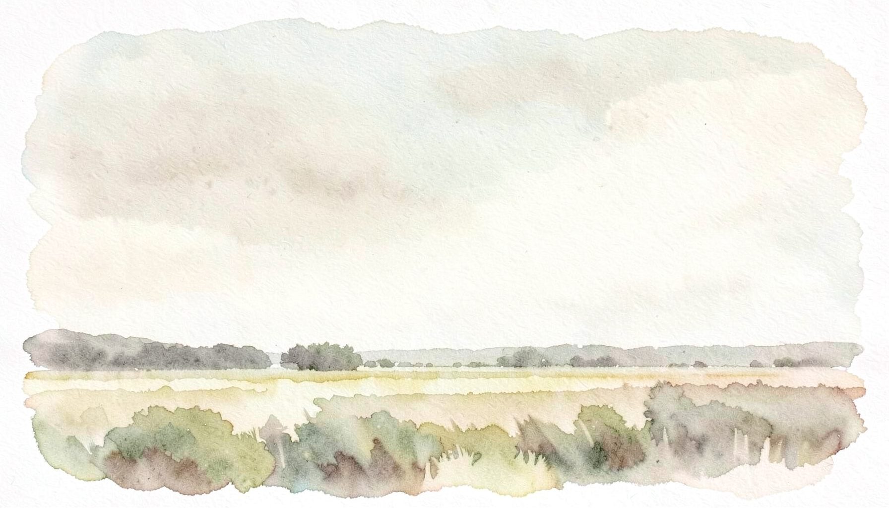 Soft watercolor wash of an open sky over distant fields, in pale cream, sage and taupe tones