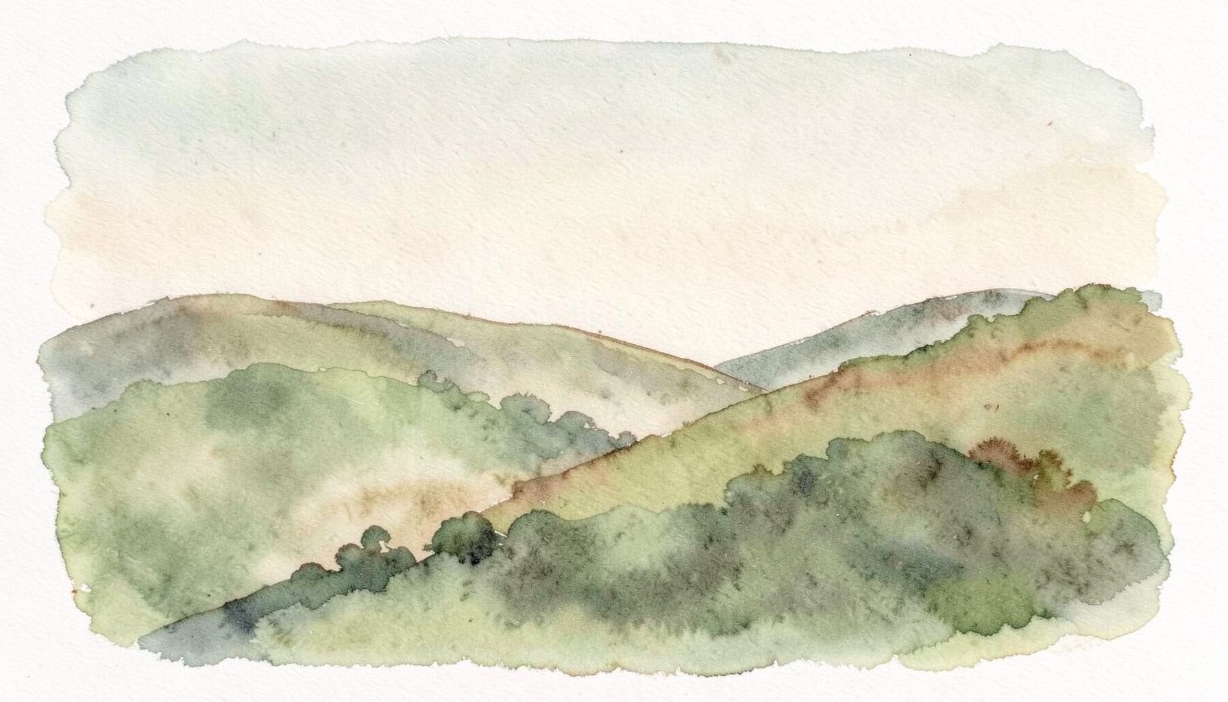 Soft watercolor painting of rolling green hills under a pale sky, in muted sage, warm brown and cream tones