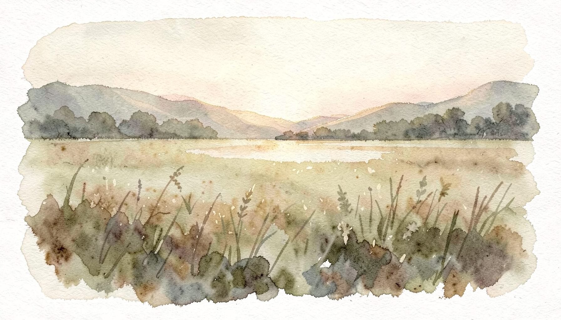 Wide watercolor landscape of a quiet meadow at dawn, in dusty sage, oat and earth tones